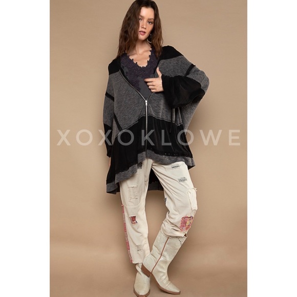 POL Black & Gray Zip Up Hoodie Lace Trim Oversized Slouchy Fit - Picture 10 of 11